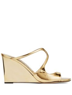 Anise 85 wedge sandals from JIMMY CHOO featuring gold-tone, patent leather, open square toe, curved straps, branded insole and wedge heel. Jimmy Choo Gold, Sandals Gold, Leather Wedge Sandals, Jimmy Choo Shoes, Leather Wedges, Metallic Leather, Jeffrey Campbell, Harrods, Wedge Heels