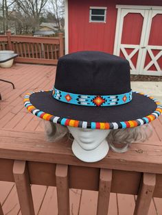 Beaded Fedora Hat with hat band Multicolor Beaded Hat With Curved Brim, Multicolor Beaded Short Brim Hat, Black Beaded Western Hat, Black Beaded Brimmed Hat, Beaded Wide Brim Fedora For Festivals, Wide Brim Beaded Fedora For Festival, Artisan Hats With Beaded Short Brim, Western Style Beaded Fedora Sun Hat, Artisan Beaded Fedora Hat