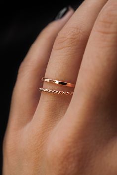 The Twist Set of 2 is a clear customer favorite, and we completely understand why! This listing is for a SET OF 2 individual rings: 1x HAMMERED stacking ring1x TWIST ring Made from 14K ROSE GOLD FILL metal. Choose from the original THIN Set or the THICK Set at checkout. The Thick set contains a Thick Twist Stacking Ring and a Thick Stacking Ring. The mix of textures between the Hammered Ring and the Twist is understated, but the sparkle is sure to catch some attention. Each ring is hand cut from Styling Gold Rings, Simple Classy Rings, Small Dainty Rings, Rose Gold Jewelry Aesthetic, Everyday Ring Stack, Simple Gold Rings, Thick Stacking Ring, Thick Twist, Rose Gold Jewellery