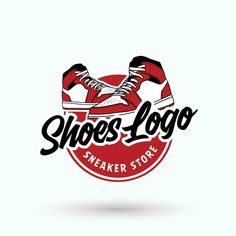 the shoe shop logo is designed to look like a pair of sneakers with red and white shoes