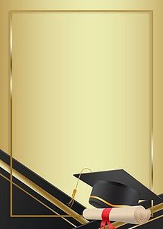 a graduation cap, diploma and scroll on a gold background