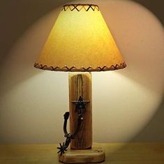 a lamp that is sitting on top of a wooden table next to a light bulb