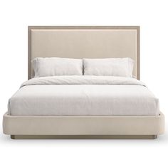 a bed with white linens and pillows on it's headboard, in front of a white background