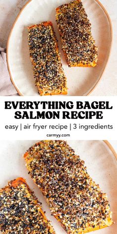 two plates with different types of food on them and the words everything bagel salmon recipe