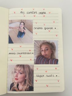 an open notebook with pictures of people and words on the pages, including one woman's face