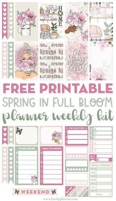 the free printable spring in full bloom planner sticker kit with pink flowers and green leaves