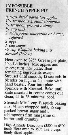 the recipe for impossible apple pie is shown in black and white