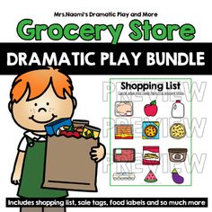 grocery store dramatic play bundle with shopping list and matching items for kids to use in the classroom