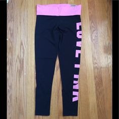 Pink Victoria’s Secret Leggings Brand New With Tags Size Medium Cotton Pink Athleisure Bottoms With Letter Print, Pink Stretch Activewear With Letter Print, Pink Fitted Activewear With Letter Print, Pink Victoria Secret, Secret Pants, Victoria Secret, Victoria’s Secret, Victoria Secret Pink, Pink Ladies