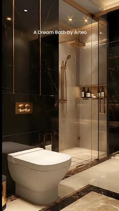 a modern bathroom with black marble walls and flooring is featured in the magazine, dream bath by arteo