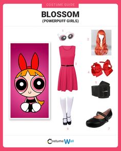 the powerpuff girls costume guide is shown in red and black, with accessories including shoes