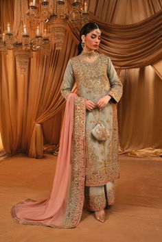 Haseens Official Sahar Online Shopping Green Chiffon Dress, Green Dupatta, Resham Work, Wedding Party Wear, Pakistani Party Wear, Peach Shirt, Raw Silk Fabric, Kurta Style, Silk Trousers