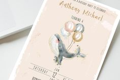 a pink and gold birthday party card with an elephant holding balloons in it's mouth