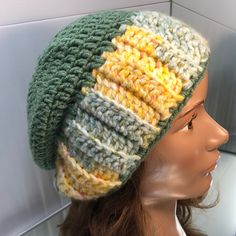 Slouchy Hat New Off The Hook Hand Crochet By Me Size Adult Or Teen 20 To 22 Inches Colors Green Yellow Off-White As Pictured Yellow Knitted Crochet Hat For Spring, Casual Yellow Crochet Beanie Hat, Yellow Yarn Crochet Hat, Yellow Crochet Cap Hat, Yellow Yarn Crochet Cap, Yellow Crochet Yarn Cap, Casual Yellow Crochet Beanie, Green Wide Brim Crochet Hat Casual, Casual Green Wide Brim Crochet Hat