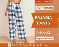 a woman in plaid pants with her back to the camera and text that reads, pattern pajama pants xs - xxl beginner friendly