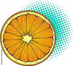 an orange cut in half on a blue and green background with half circles around it