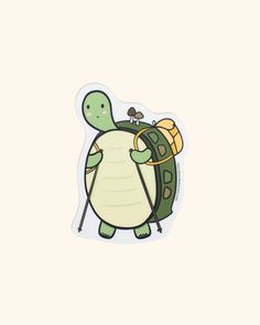 a turtle with a backpack on it's back and a bee on its back