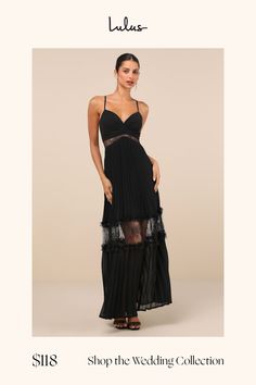 Everyone will be in awe of your aesthetic when you stroll in wearing the Lulus Deeply Stunning Black Lace Pleated Lace-Up Backless Maxi Dress! Lightweight woven fabric shapes this dramatic dress with slender spaghetti straps that lace up the open back, supporting a fitted bodice with a V-neckline and flattering ruching. Sheer lace panels lend a cutout effect to the bodice, atop a tiered skirt with airy pleats, lacy ruffles, and matching sheer panels throughout. Maxi hem completes the look. Hidde Black Maxi Dress With Lace Back, Beach Maxi Dress With Strappy Lace-up Back, Black Sheer Lace Maxi Dress, Black Lace Floor-length Maxi Dress, Sleeveless Black Maxi Dress With Lace-up Back, Dramatic Dresses, Sheer Clothing, Backless Maxi Dresses, Lace Panelled