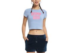 Juicy Couture Dump Him Graphic Baby Tee - Women's Clothing : Sterling Blue : Make a style statement with the bold graphics print Juicy Couture Dump Him Graphic Baby Tee. This crop silhouette pullover tee features a crew neckline, short sleeves, and a straight hemline. 96% cotton, 4% spandex. Machine washable. Imported. Trendy Blue Slogan Top, Blue Fitted Slogan T-shirt, Fitted Blue Slogan T-shirt, Blue Fitted T-shirt With Slogan, Fitted Blue T-shirt With Slogan, Dump Him, Graphic Baby Tee, Baby Graphic Tees, Baby Tees