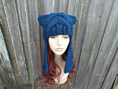 "Style: Squared top earflap hat with cable detail Color: This sample hat is shown in Petrol Blue. Sizes: One size fits 20\" to 23\" (50.5 cm to 58 cm) head size. Fiber Content: 80% acrylic, 20% Wool Characteristics: Whimsical, very soft, warm and cozy. Care Instructions: Hand wash, dry flat. Every item from Pixiebell is handmade and knit or crocheted to order, unless otherwise stated in title of the item as \"ready to ship\". Production time may vary, please check the SHIPPING & POLICIES tab Fall Fashion Accessories, Burgundy Hat, Ear Hat, Knit Accessories, Flap Hat, Chunky Hat, Chunky Knit Hat, Ear Flap Hats, Mens Hat