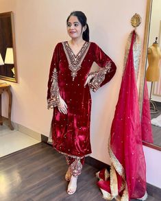 Title: Red Velvet Suit for Women and Girls / Kurti Set with Dupatta Dress for Wedding/Indian Wedding/Punjabi Wedding Description: Elevate your style at weddings and special occasions with this exquisite Red Velvet Suit. This ensemble is designed for both women and girls, ensuring a coordinated and elegant look for all. The set includes a stylish Kurti with intricate embroidery and a Dupatta, making it perfect for traditional Indian weddings, especially Punjabi weddings. Features: Material: High-quality red velvet fabric Kurti Design: Intricate embroidery and detailing Dupatta: Complements the Kurti with matching embroidery Occasion: Ideal for weddings, Indian weddings, and Punjabi weddings Size: Available in XL size for a comfortable fit This Red Velvet Suit combines classic style with mod Dresses For Wedding Indian, Coin Lace, Punjabi Wedding Suit, Red Velvet Suit, Velvet Suit Design, Girls Kurti, Velvet Kurta, Velvet Suit, Designer Kurtis