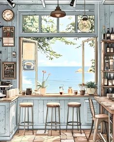 a drawing of a kitchen with two stools in front of the window and an ocean view