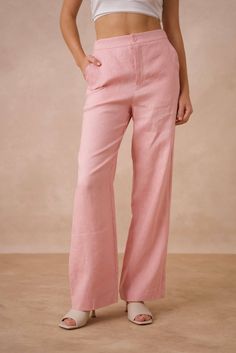 High quality plain straight linen pants: Sx1 Mx1 Lx1 XLx1 / Pink Attentif Paris Million Dollar, Linen Trousers, Linen Pants, Short Pants, Color Light, Fashion Blog, Light Pink, High Waist, Cover Up