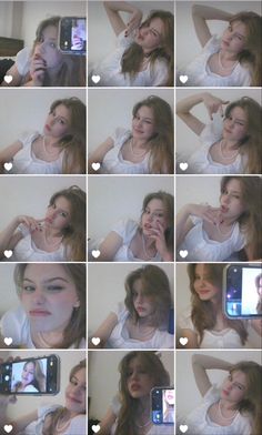 a woman taking a selfie with her cell phone in front of her face and several other images of the same person