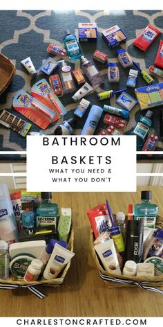 bathroom baskets filled with toiletries on top of a wooden floor next to a rug