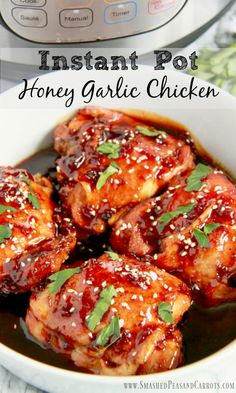 instant pot honey garlic chicken in a white bowl