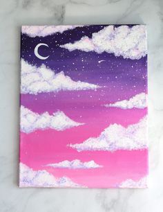 an acrylic painting of clouds and a crescent moon on a marble slab top