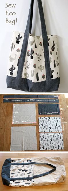 two pictures showing how to sew an eco bag