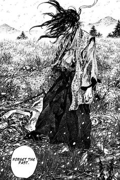 a black and white drawing of a woman walking through the grass with her hair blowing in the wind