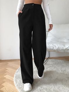 Black Elegant   Corduroy Plain Wide Leg  Slight Stretch Fall/Winter Women Bottoms Oversized Korean Fashion, Trousers Baggy, Corduroy Pants Women, Wide Leg Lounge Pants, High Waisted Wide Leg Pants, Solid Color Pants, Vintage Trousers, Straight Trousers, Vintage Pants