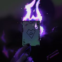 a person holding up a card in front of a purple and blue background with flames