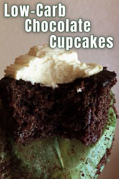 a close up of a chocolate cupcake with green frosting