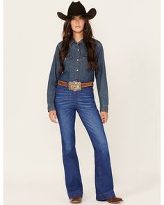 99% cotton / 1% elastane Zip-fly with button closure Western Dark Blue Jeans, Cheap High Rise Jeans With Button Closure, Cheap Classic Jeans With Button Closure, Leather Pants Women Cowboy Boots, Womens Retro Wrangler Jeans, Kimes Ranch Jeans High Rise, Wrangler Texas Jeans, Wide Flare Jeans, Kimes Ranch Jeans