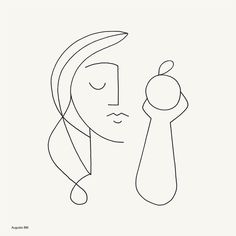 a line drawing of a woman's face holding an apple in her right hand