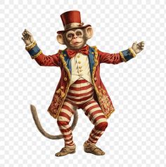 a monkey dressed as a circus clown with his arms out and hands in the air