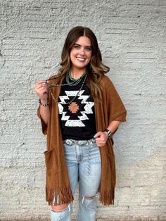 Our Charlie Kimono will give your favorite Southwest tee all the flair! The pockets and fringe details are the perfect details! Also now available in black and grey. One Size Fits All Medium/Lightweight Love the Fringe Details! Compliments the Fremont Aztec Tee Wonderfully! Brown Fringe Tops For Fall, Brown Fringe Top For Fall, Girlie Girl, Fringe Kimono, The Fringe, Rust Color, Daily Look, Western Outfits, Fashion Styles