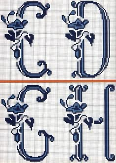 cross stitch pattern with the letter e in blue and orange