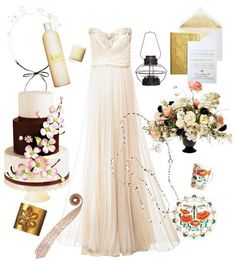 a wedding dress and accessories are arranged on a white background