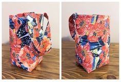 two pictures of the same purse with different patterns and colors, one has an orange flower on it