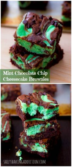 mint chocolate chip cheesecake brownies are stacked on top of each other with green frosting