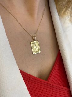 "ABOUT PRODUCT This 14K Gold Initial Block Charm necklace is beautifully designed and hand crafted with our associates to make this a special gift for your loved ones. Knowing the value of our customers, We prepare each piece with extra care and attention.  ITEM DETAILS Material: 14K Gold Approx:  1.80 gram Available colors: Gold, Rose Gold, White Gold Available Sizes: 14\" to 20\" ✪ 14k Solid Gold ( Certification will be included with your order ) ✪Available 14K White, Yellow, Rose Gold (also i Anniversary Necklace With Initials On Rectangular Pendant, Personalized Initials Rectangular Pendant Necklace, Sterling Silver Necklace With Initials On Rectangular Pendant, Handmade Initial Pendant Necklace For Anniversary, Yellow Gold Necklaces With Initials On Square Pendant, Tarnish-resistant Rectangular Pendant Necklace For Anniversary, Handmade 14k Gold Initial Pendant Necklace, Initial Pendant Necklaces For Jewelry Making, Engraved Initial Square Pendant Necklace For Anniversary