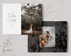 two wedding cards with the same photo on them, one is in black and white