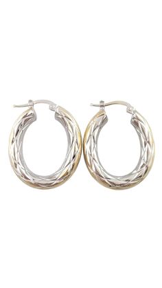 Vintage 14K White and Yellow Gold Criss Cross Pattern Hoops Tis gorgeous set of 14K white gold hoops have yellow gold detailing and a beautiful crisscross X pattern! Size: 29.98mm X 24.77mm X 6.18mm Weight: 3.4 dwt/ 5.3 g Hallmark: 14KT ITALY Very good condition, professionally polished. Will come packaged in a gift box or pouch (when possible) and will be shipped U.S. Priority Mail Insured. MM122123/17KCS Luxury Hallmarked White Gold Huggie Earrings, Luxury White Gold Hoop Earrings With Shiny Finish, White Polished Finish Hoop Earrings For Anniversary, White Hoop Earrings With Polished Finish For Anniversary, White Polished Hoop Earrings For Anniversary, Oval Hallmarked Hoop Earrings In Fine Jewelry, White Diamond Cut Small Hoop Earrings, Small Hallmarked White Gold Hoop Earrings, Small Hoop White Gold Hallmarked Earrings