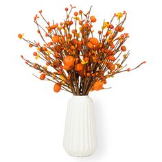 a white vase filled with lots of orange flowers