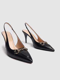 85mm Leather covered heel. Black leather upper. Slingback strap with elastic insert. Pointed toe. Horsebit detail. Light gold-toned hardware. Leather lining Gucci Pumps, Versace Brand, Gucci Horsebit, Gold Pumps, Pink Pumps, White Pumps, Gold Shoes, Women's Heels, Pointed Toe Shoes