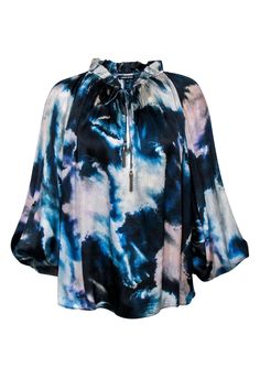 Current Boutique-Love Sam - Blue & Cream Watercolor Print Blouse w/ Bell Sleeves & Tassels Sz M Blue Silk Blouse With Blouson Sleeves, Bohemian Blue Top With Blouson Sleeves, Blue Blouse With Abstract Print For Fall, Blue Silk Blouse For Fall, Chic Blue Top With Abstract Print, Bohemian Blue Tops With Abstract Print, Blue Bohemian Tops With Abstract Print, Bohemian Blue Blouse With Blouson Sleeves, Blue Bohemian Blouse With Blouson Sleeves